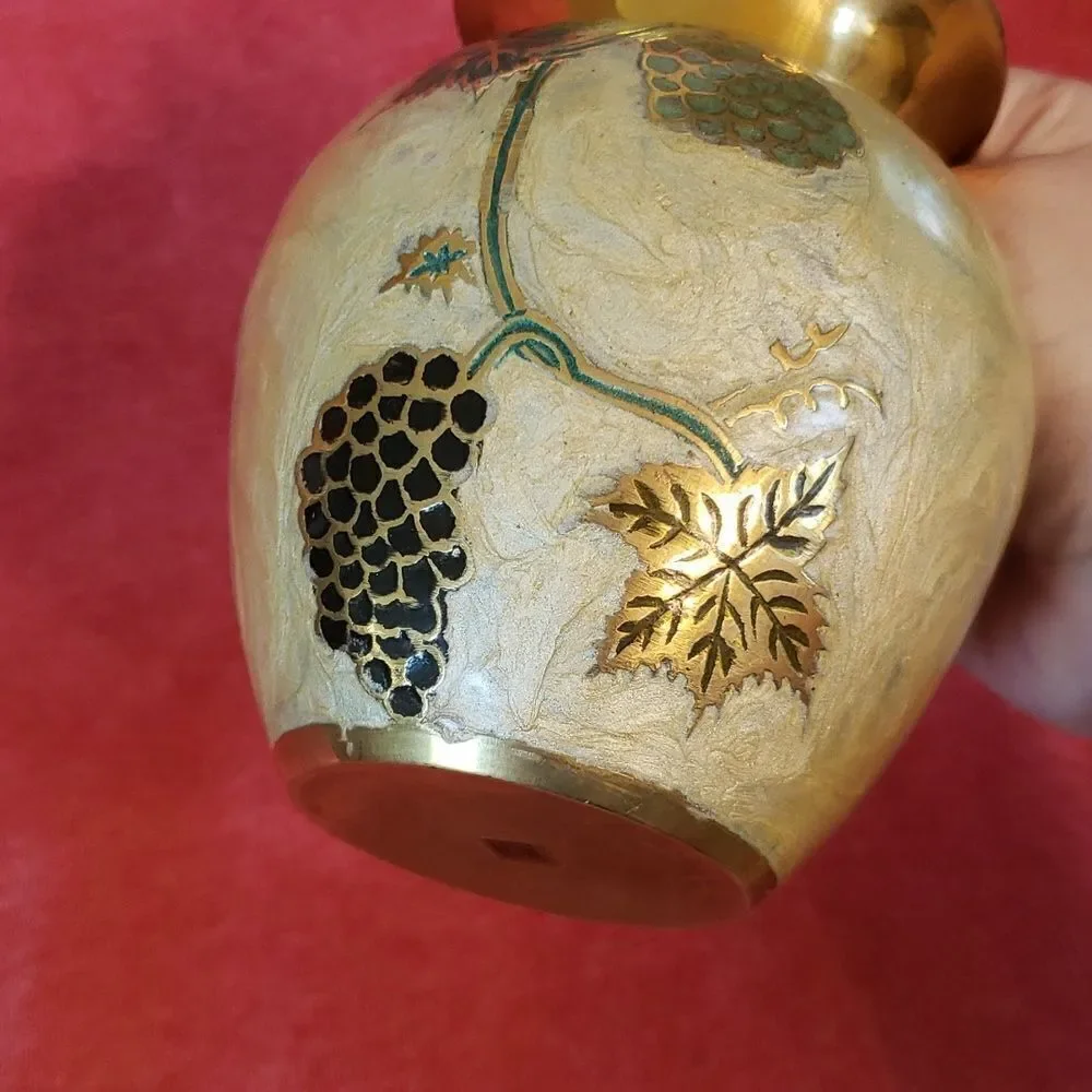 Pretty Vintage Brass Vase with Pearlescent Outer Design - Picture 2 of 12
